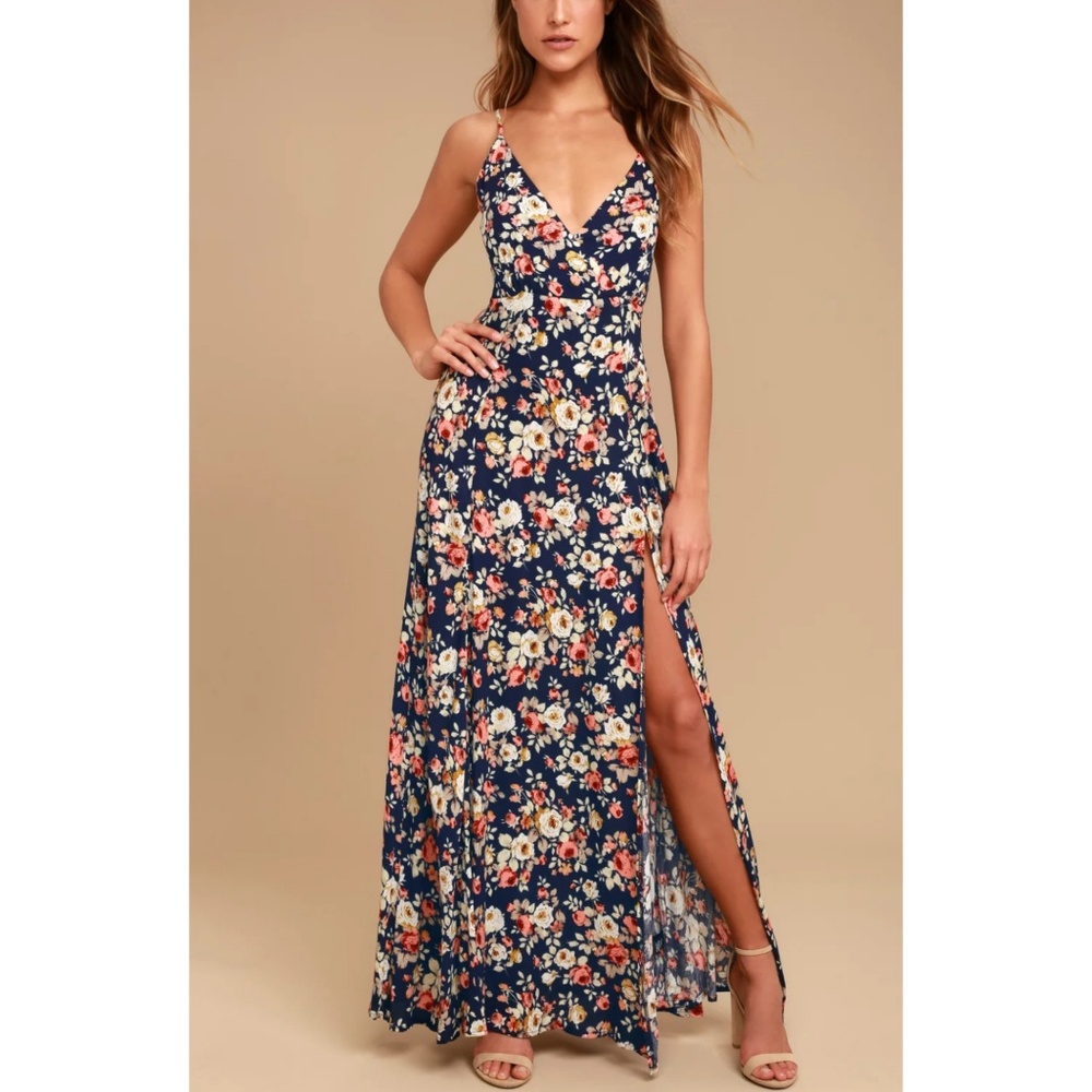 Navy blue maxi dress with side slit